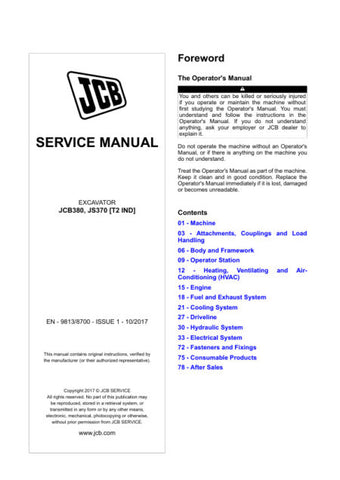 Enhance your maintenance capabilities with the JCB JS370 (T2 IND) and JCB 380 Excavator Service Manual (9813/8700) in PDF format. This comprehensive guide provides detailed insights into the operation, troubleshooting, and repair of your excavator, ensuring optimal performance and longevity. With easy navigation and clear illustrations, this manual is an essential resource for both seasoned professionals and DIY enthusiasts, empowering you to tackle any challenge with confidence. Don't miss the opportunity 