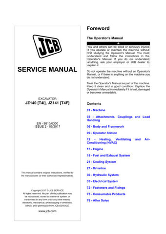 Unlock the full potential of your JCB JZ140 (T4I) and JZ141 (T4F) excavators with the comprehensive service manual (9813/6300) available in PDF format. This essential guide provides detailed insights into maintenance, troubleshooting, and repair procedures, ensuring your machinery operates at peak performance. With easy navigation and clear illustrations, you can quickly find the information you need to keep your excavator running smoothly and efficiently. Invest in this invaluable resource today and enhanc