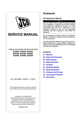 Unlock the full potential of your JCB equipment with the comprehensive Service Manual for models S1530E, S1930E, S2032E, S2046E, S2632E, S2646E, S3246E, S4046E, and S4550E. This PDF file, designated as 9813/8200, provides detailed insights into maintenance, troubleshooting, and repair procedures, ensuring your machinery operates at peak performance. With easy navigation and clear illustrations, this manual is an essential resource for both seasoned technicians and DIY enthusiasts, helping you save time and 