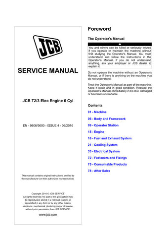 Unlock the full potential of your JCB T2/3 ELEC Engine with the comprehensive Service Manual (9806/5600). This essential guide is designed specifically for the 6-cylinder engine, providing detailed insights and step-by-step instructions to ensure optimal performance and maintenance.