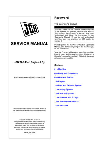 Unlock the full potential of your JCB T2/3 ELEC ENGINE with the comprehensive 6 CYL SERVICE MANUAL (9806/5600) in PDF format. This essential guide provides detailed insights into maintenance, troubleshooting, and repair procedures, ensuring your equipment runs smoothly and efficiently. With easy navigation and clear illustrations, this manual is a must-have for both professionals and DIY enthusiasts looking to enhance their knowledge and keep their machinery in top condition. Don't miss out on the opportuni