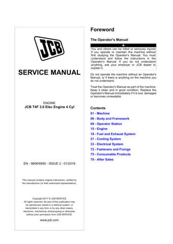Unlock the full potential of your JCB T4F 3.0 Electric Engine with the comprehensive Service Manual (9806/6950) in PDF format. This essential guide provides detailed insights into maintenance, troubleshooting, and repair procedures, ensuring your engine operates at peak performance. With easy navigation and clear illustrations, this manual is designed for both seasoned professionals and DIY enthusiasts, making it an invaluable resource for keeping your equipment running smoothly. Don't miss out on the oppor