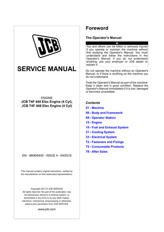 Unlock the full potential of your JCB T4F 444 and T4F 448 engines with the comprehensive Service Manual (Issue 4, 04/2018). This PDF file is an essential resource for maintenance and repair, featuring detailed diagrams, troubleshooting tips, and step-by-step instructions tailored for the 4-cylinder electric engine. Ensure optimal performance and longevity of your machinery by having this invaluable guide at your fingertips perfect for both seasoned professionals and DIY enthusiasts. Don't miss out on the 