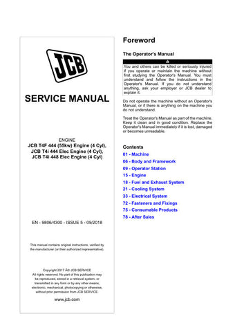 Discover the essential JCB T4F 444, T4I 444, and T4I 448 Engine Service Manual (9806/4300), your go-to resource for maintaining peak performance of your machinery. This comprehensive manual provides detailed instructions, diagrams, and specifications to ensure you can effectively service and troubleshoot your engine with confidence.
