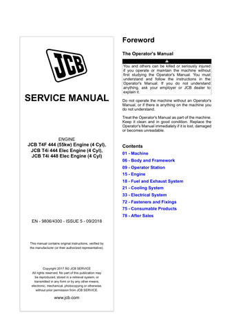 Unlock the full potential of your JCB T4F 444, T4I 444, and T4I 448 engines with the comprehensive Engine Service Manual (9806/4300) in PDF format. This essential guide provides detailed instructions, diagrams, and troubleshooting tips to ensure optimal performance and longevity of your machinery. Whether you're a seasoned technician or a DIY enthusiast, this manual is your go-to resource for efficient maintenance and repairs, helping you save time and money while keeping your equipment running smoothly. Do