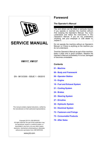 Unlock the full potential of your JCB VM117 and VM137 Vibromax with our comprehensive Service Manual (Issue 1, 09/2015). This PDF file is an essential resource for maintenance and repair, providing detailed diagrams, troubleshooting tips, and step-by-step instructions to ensure your equipment operates at peak performance. Whether you're a seasoned technician or a DIY enthusiast, this manual will empower you to tackle any service challenge with confidence, saving you time and money on repairs. Don't miss out