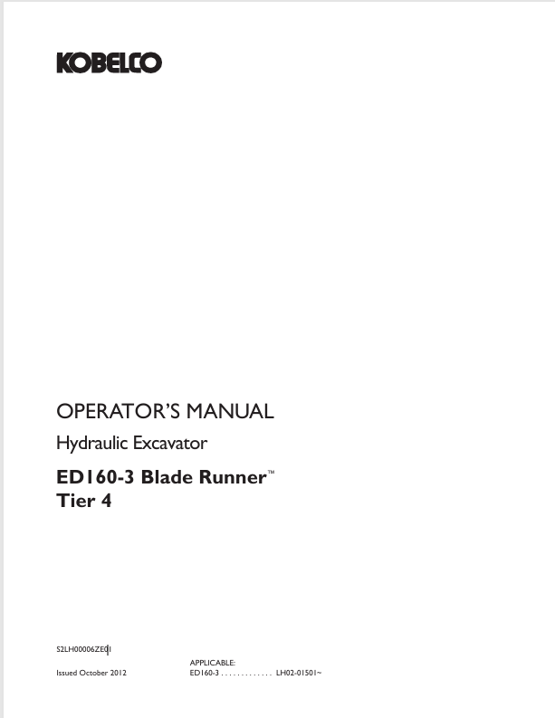KOBELCO ED160-3 TIER 4 (S2LH00006ZE01) OPERATOR MANUAL - PDF FILE