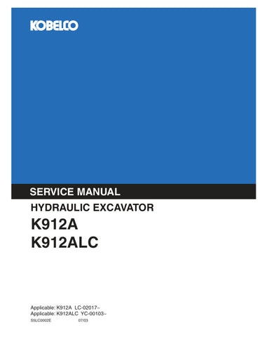 Unlock the full potential of your KOBELCO K912A and K912ALC hydraulic excavators with the comprehensive service manual S5LC0002E, available in a convenient PDF format. This essential guide provides detailed schematics, troubleshooting tips, and maintenance procedures to ensure optimal performance and longevity of your machinery. Perfect for operators and technicians alike, this manual is your go-to resource for efficient repairs and service, helping you minimize downtime and maximize productivity. Don't mis