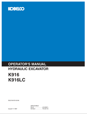 KOBELCO K916, K916LC (S2LS1001E-03 NA) OPERATOR MANUAL - PDF FILE