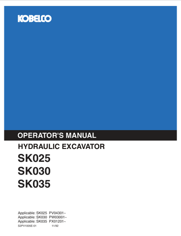 KOBELCO SK025, SK030, SK035 (S2PV1005E-01) OPERATOR MANUAL - PDF FILE
