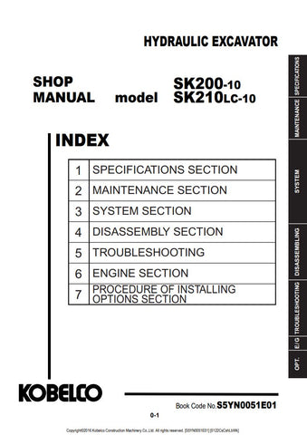 Unlock the full potential of your KOBELCO SK200-10 and SK210LC-10 hydraulic excavators with the comprehensive shop manual S5YN0051E01 in PDF format. This essential guide provides detailed schematics, maintenance tips, and troubleshooting advice, ensuring your machinery operates at peak performance. With easy navigation and clear instructions, you'll save time and reduce downtime, making it an invaluable resource for both seasoned professionals and newcomers alike. Invest in your equipment's longevity and