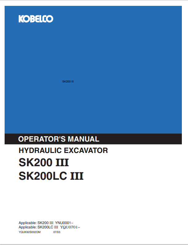 KOBELCO SK200 III (YM91Z00025P1) OPERATOR MANUAL - PDF FILE