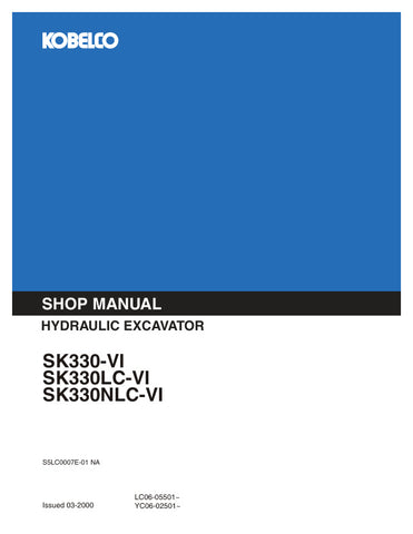 Unlock the full potential of your KOBELCO SK330-VI, SK330LC-VI, and SK330NLC-VI hydraulic excavators with the comprehensive shop manual S5LC0007E-01, available in a convenient PDF format. This essential resource provides detailed diagrams, maintenance tips, and troubleshooting guidance, ensuring you can keep your machinery running smoothly and efficiently. Perfect for both seasoned professionals and DIY enthusiasts, this manual is your go-to guide for maximizing performance and minimizing downtime. Don't mi
