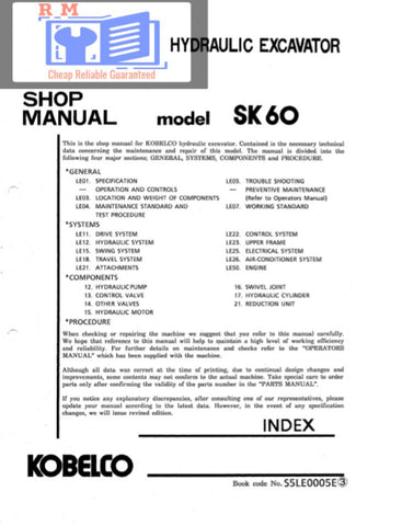 Unlock the full potential of your KOBELCO SK60 Hydraulic Excavator with the comprehensive Service Manual S5LE0005E, available in a convenient PDF format. This essential guide provides detailed instructions, schematics, and troubleshooting tips to ensure optimal performance and maintenance of your excavator. Whether you're a seasoned professional or a DIY enthusiast, this manual is your go-to resource for keeping your equipment running smoothly and efficiently. Don't miss out on the opportunity to enhance yo