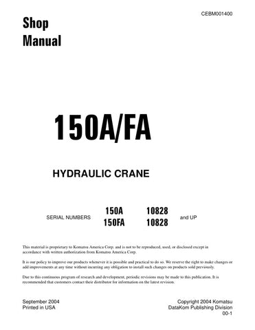 Unlock the full potential of your KOMATSU 150A and 150FA hydraulic cranes with the comprehensive shop manual CEBM001400. This PDF file is an essential resource for technicians and operators, providing detailed diagrams, maintenance procedures, and troubleshooting tips to ensure optimal performance and longevity of your equipment. With easy navigation and clear instructions, you can confidently tackle repairs and maintenance tasks, saving time and reducing downtime. Invest in this invaluable manual today and