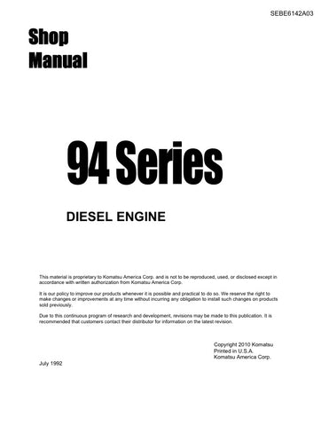 Unlock the full potential of your KOMATSU diesel engines with the comprehensive 2D94-2, 3D94-2, 4D94-2, 4D94-3, 94 Series Diesel Engine Shop Manual (SEBE6142A03) in PDF format. This essential resource provides detailed diagrams, troubleshooting tips, and maintenance procedures tailored specifically for your engine models, ensuring optimal performance and longevity. Whether you're a seasoned mechanic or a DIY enthusiast, this manual is your go-to guide for efficient repairs and servicing, making it an invalu