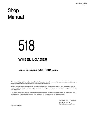 Unlock the full potential of your KOMATSU 518 Loader with the comprehensive Shop Manual (CEBMW17030) designed for models 5001 and up. This PDF file is an essential resource for operators and technicians alike, providing detailed diagrams, maintenance schedules, and troubleshooting tips to ensure optimal performance and longevity of your equipment. With easy navigation and clear instructions, you can confidently tackle repairs and maintenance tasks, saving time and reducing downtime. Invest in this indispens