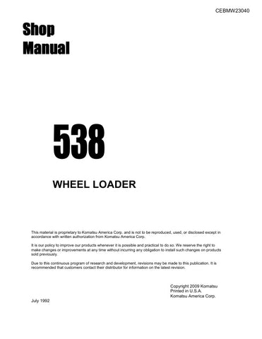 Unlock the full potential of your KOMATSU 538 Wheel Loader with the comprehensive Shop Manual (CEBMW23040) in PDF format. This essential guide provides detailed insights into maintenance, troubleshooting, and repair procedures, ensuring your equipment operates at peak performance. With easy navigation and clear illustrations, this manual is designed for both seasoned professionals and DIY enthusiasts, making it an invaluable resource for keeping your loader in top condition. Don't miss out on the opportunit