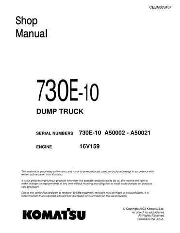 Unlock the full potential of your KOMATSU 730E-10 Dump Truck with the comprehensive Shop Manual (CEBM033407) in PDF format. This essential resource provides detailed insights into maintenance, troubleshooting, and repair procedures, ensuring your equipment operates at peak performance. With easy navigation and clear illustrations, this manual is designed for both seasoned professionals and newcomers alike, making it an invaluable tool for efficient and effective upkeep of your dump truck. Don't miss out on 