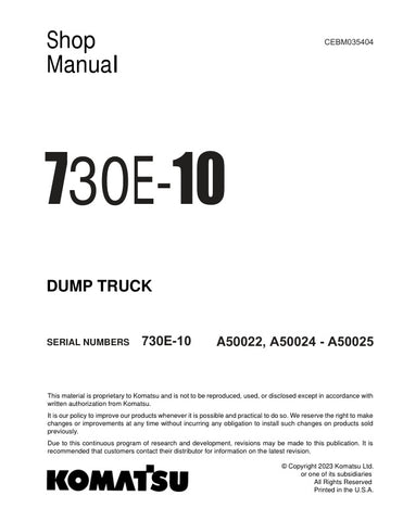 Unlock the full potential of your KOMATSU 730E-10 dump truck with the comprehensive shop manual (CEBM035404) in PDF format. This essential resource provides detailed insights into maintenance, troubleshooting, and repair procedures, ensuring your equipment operates at peak performance. With easy navigation and clear illustrations, this manual is designed for both seasoned professionals and DIY enthusiasts, making it an invaluable addition to your toolkit. Invest in your machinery's longevity and efficiency 