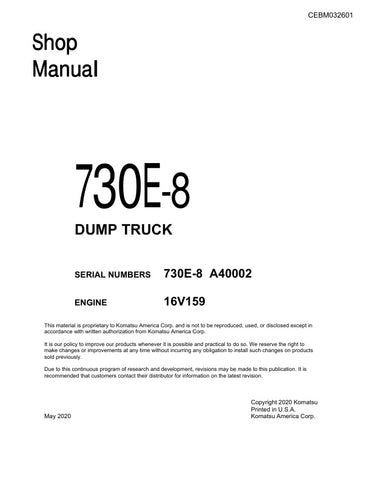 Enhance your maintenance and repair capabilities with the KOMATSU 730E-8 A40002 Dump Truck Shop Manual (CEBM032601) in PDF format. This comprehensive guide provides detailed insights into the truck's systems, troubleshooting tips, and step-by-step procedures, ensuring you can keep your equipment running smoothly and efficiently. Perfect for technicians and operators alike, this manual is an essential resource for anyone looking to maximize the performance and longevity of their KOMATSU dump truck. Download 