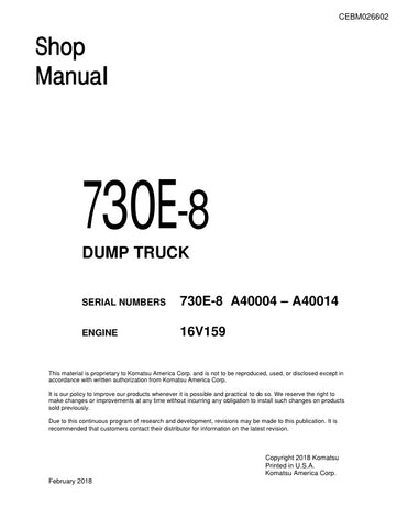 Unlock the full potential of your KOMATSU 730E-8 Dump Truck with the comprehensive Shop Manual (CEBM026602) in PDF format. This essential resource provides detailed insights into maintenance, troubleshooting, and repair procedures, ensuring your equipment operates at peak performance. With easy navigation and clear illustrations, this manual is designed for both seasoned professionals and newcomers alike, making it an invaluable tool for efficient and effective upkeep of your dump truck. Don't miss out on t