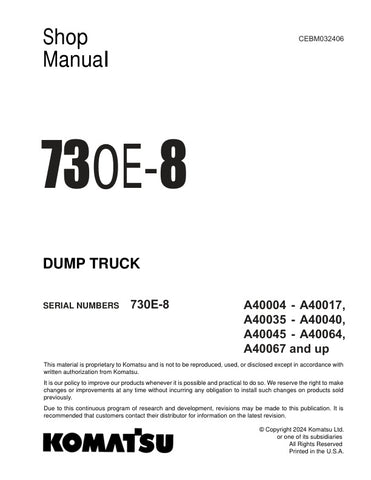 Unlock the full potential of your KOMATSU 730E-8 Dump Truck with the comprehensive SHOP MANUAL CEBM032406, available in a convenient PDF format. This essential guide covers models A40004-A40017, A40035-A40040, A40045-A40064, A40067 & UP, providing detailed insights into maintenance, troubleshooting, and repair procedures. With clear illustrations and step-by-step instructions, this manual ensures you can keep your equipment running smoothly and efficiently, minimizing downtime and maximizing productivity. I