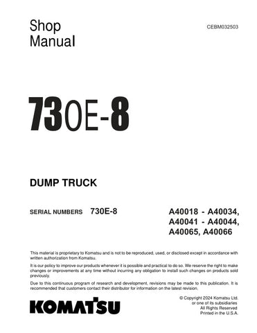  Unlock the full potential of your KOMATSU 730E-8 dump truck with the comprehensive shop manual (CEBM032503) in PDF format. This essential resource covers models A40018-A40034, A40041-A40044, A40065, and A40066, providing detailed insights into maintenance, troubleshooting, and repair procedures. With easy navigation and clear illustrations, this manual ensures you have the knowledge to keep your equipment running smoothly and efficiently, ultimately saving you time and money on repairs. Don't miss out on t