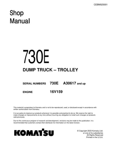 Unlock the full potential of your KOMATSU 730E Dump Truck with the comprehensive CEBM025001 Shop Manual in PDF format. This essential resource provides detailed schematics, maintenance guidelines, and troubleshooting tips, ensuring your equipment operates at peak performance. With easy navigation and clear instructions, this manual is designed for both seasoned professionals and DIY enthusiasts, making it an invaluable tool for efficient repairs and upkeep. Invest in your machinery's longevity and reliabili