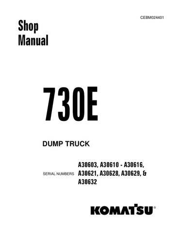 Unlock the full potential of your KOMATSU 730E with the comprehensive SHOP MANUAL CEBM024401, available in a convenient PDF format. This manual covers models A30603, A30610-A30616, A30621, A30628, A30629, and A30632, providing detailed insights into maintenance, troubleshooting, and repair procedures. With easy navigation and clear illustrations, this essential resource ensures you can keep your equipment running smoothly and efficiently, saving you time and money on repairs. Don't miss out on the opport