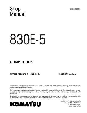 Unlock the full potential of your KOMATSU 830-5 Dump Truck with the comprehensive Shop Manual (CEBM038001) in PDF format. This essential resource provides detailed maintenance and repair instructions, ensuring your equipment operates at peak performance. With easy navigation and clear diagrams, you can quickly troubleshoot issues and perform routine services, saving you time and money. Perfect for both seasoned professionals and DIY enthusiasts, this manual is your go-to guide for keeping your dump truck in