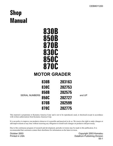 Unlock the full potential of your KOMATSU motor graders with the comprehensive SHOP MANUAL CEBM011200, available in a convenient PDF format. This essential guide covers models 830B, 850B, 870B, 830C, 850C, and 870C, providing detailed insights into maintenance, troubleshooting, and repair procedures. With easy navigation and clear illustrations, this manual ensures you have the knowledge to keep your equipment running smoothly and efficiently, ultimately saving you time and money on repairs. Don't miss out 
