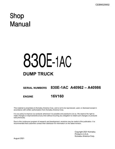 Unlock the full potential of your KOMATSU 830E-1AC Dump Truck with the comprehensive Shop Manual (CEBM029902) in PDF format. This essential resource, covering models A40962 to A40986, provides detailed insights into maintenance, troubleshooting, and repair procedures, ensuring your equipment operates at peak performance. With easy navigation and clear illustrations, this manual is designed for both seasoned professionals and DIY enthusiasts, making it an invaluable addition to your maintenance toolkit. Don'