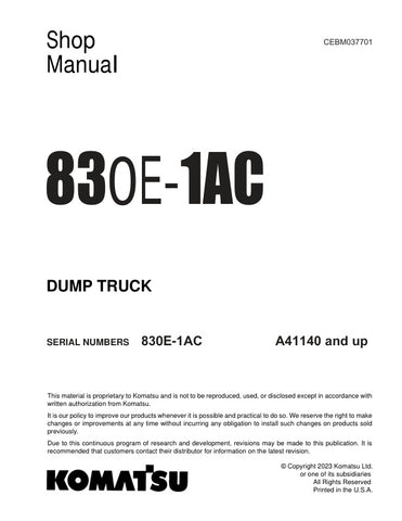 Unlock the full potential of your KOMATSU 830E-1AC Dump Truck with the comprehensive Shop Manual (CEBM037701) in PDF format. This essential resource provides detailed insights into maintenance, troubleshooting, and repair procedures, ensuring your equipment operates at peak performance. With easy navigation and clear illustrations, this manual is designed for both seasoned professionals and newcomers alike, making it an invaluable tool for efficient and effective upkeep of your machinery. Don't miss out on 