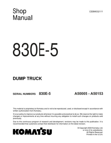  Unlock the full potential of your KOMATSU 830E-5 Dump Truck with the comprehensive Shop Manual (CEBM032111) in PDF format. This essential resource covers models A50005 to A50153, providing detailed insights into maintenance, troubleshooting, and repair procedures. With clear diagrams and step-by-step instructions, this manual ensures you can keep your equipment running smoothly and efficiently, minimizing downtime and maximizing productivity. Invest in your operational success today with this indispensable