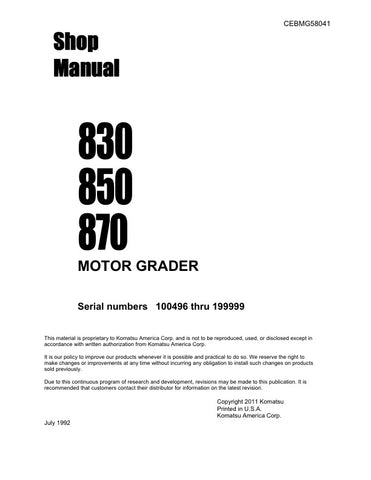 Enhance your maintenance and repair capabilities with the KOMATSU 830, 850, 870 Motor Grader Shop Manual (100496-199999). This comprehensive PDF file provides detailed insights into the operation, troubleshooting, and servicing of your motor grader, ensuring you have the knowledge needed to keep your equipment running smoothly. With clear diagrams and step-by-step instructions, this manual is an essential resource for both professionals and DIY enthusiasts looking to maximize the performance and longevity o