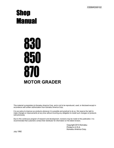 Unlock the full potential of your KOMATSU 830, 850, and 870 motor graders with the comprehensive SHOP MANUAL CEBMG58102, available in a convenient PDF format. This essential guide provides detailed schematics, maintenance tips, and troubleshooting advice, ensuring your equipment operates at peak performance. Whether you're a seasoned professional or a DIY enthusiast, this manual is your go-to resource for efficient repairs and upkeep, saving you time and money while extending the life of your machinery. Don