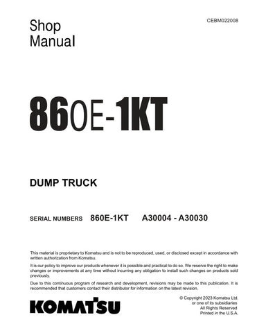 Unlock the full potential of your KOMATSU 860E-1KT Dump Truck with the comprehensive Shop Manual (CEBM022008) in PDF format. This essential resource provides detailed insights into maintenance, troubleshooting, and repair procedures, ensuring your equipment operates at peak performance. With easy navigation and clear illustrations, this manual is designed for both seasoned professionals and newcomers alike, making it an invaluable tool for efficient and effective upkeep of your dump truck. Don't miss out on