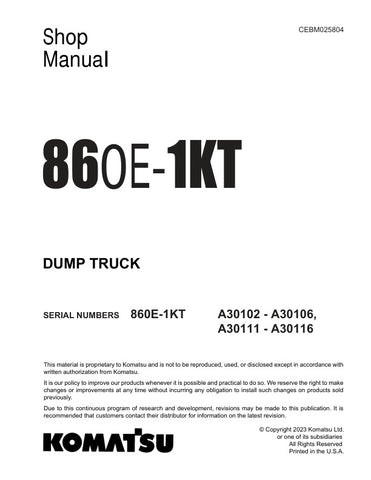 Unlock the full potential of your KOMATSU 860E-1KT Dump Truck with the comprehensive CEBM025804 Shop Manual, available in a convenient PDF format. This essential resource covers models A30102-A30106 and A30111-A30116, providing detailed insights into maintenance, troubleshooting, and repair procedures. With clear illustrations and step-by-step instructions, this manual ensures you can keep your equipment running smoothly and efficiently, ultimately saving you time and money. Don't miss out on the opportunit