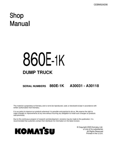 Unlock the full potential of your KOMATSU 860E-1K Dump Truck with the comprehensive shop manual (CEBM024206) in PDF format. This essential resource covers models A30031 to A30118, providing detailed insights into maintenance, troubleshooting, and repair procedures. With easy navigation and clear illustrations, this manual ensures you have the knowledge to keep your equipment running smoothly and efficiently, ultimately saving you time and money on repairs. Invest in your operational success today!