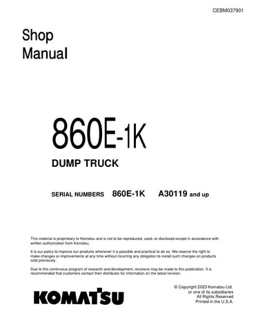 Unlock the full potential of your KOMATSU 860E-1K Dump Truck with the comprehensive Shop Manual (CEBM037901) in PDF format. This essential resource provides detailed maintenance and repair instructions, ensuring your equipment operates at peak performance. With easy navigation and clear diagrams, you can quickly troubleshoot issues and perform routine services, saving time and reducing downtime. Invest in this manual today to enhance your operational efficiency and prolong the life of your dump truck.