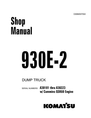 Unlock the full potential of your KOMATSU 930E-2 with the comprehensive Shop Manual (CEBM007002) covering models A30181 through A30223. This PDF file is an essential resource for technicians and operators alike, providing detailed insights into maintenance, troubleshooting, and repair procedures. With clear diagrams and step-by-step instructions, you can ensure optimal performance and longevity of your equipment. Invest in this manual today to enhance your operational efficiency and reduce downtime.