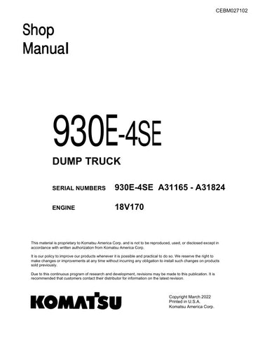 Unlock the full potential of your KOMATSU 930E-4SE Dump Truck with the comprehensive Shop Manual (CEBM027102) in PDF format. This essential resource provides detailed insights into maintenance, troubleshooting, and repair procedures, ensuring your equipment operates at peak performance. With easy navigation and clear illustrations, this manual is designed for both seasoned professionals and newcomers alike, making it an invaluable tool for efficient and effective truck management. Don't miss out on the oppo
