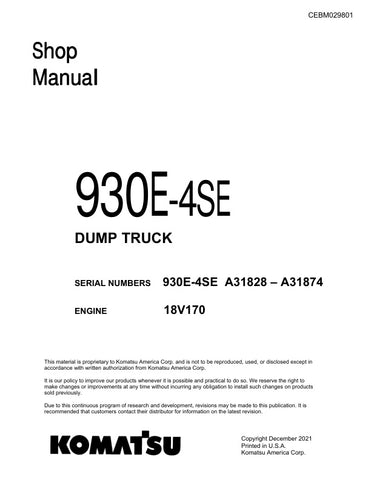 Unlock the full potential of your KOMATSU 930E-4SE Dump Truck with the comprehensive Shop Manual (CEBM029801) in PDF format. This essential resource provides detailed insights into maintenance, troubleshooting, and repair procedures, ensuring your equipment operates at peak performance. With easy navigation and clear illustrations, this manual is designed for both seasoned professionals and newcomers alike, making it an invaluable tool for efficient and effective upkeep of your dump truck. Don't miss out on