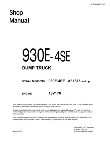 Enhance your maintenance capabilities with the KOMATSU 930E-4SE Dump Truck Shop Manual (CEBM030102). This comprehensive PDF file is designed for models A31875 and up, providing detailed insights into repair procedures, troubleshooting, and parts identification. With clear diagrams and step-by-step instructions, this manual ensures you can keep your dump truck operating at peak performance, saving you time and reducing downtime. Invest in this essential resource to streamline your maintenance process and ext