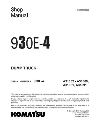 Unlock the full potential of your KOMATSU 930E-4 dump truck with the comprehensive shop manual (CEBM029502) in PDF format. This essential resource covers models A31832-A31869, A31881, and A31891, providing detailed insights into maintenance, troubleshooting, and repair procedures. With clear diagrams and step-by-step instructions, this manual ensures you can keep your equipment running smoothly and efficiently, minimizing downtime and maximizing productivity. Invest in your operational success today by secu