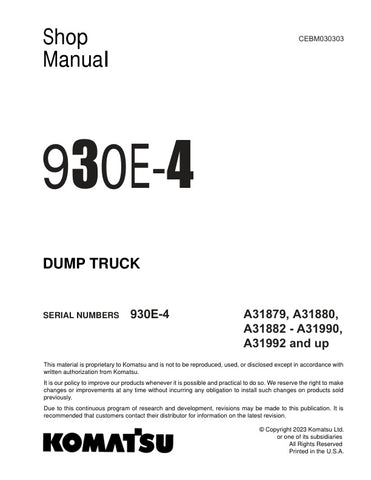 Unlock the full potential of your KOMATSU 930E-4 dump truck with the comprehensive CEBM030303 shop manual, available in a convenient PDF format. This essential resource covers models A31879, A31880, A31882 through A31990, A31992, and beyond, providing detailed insights into maintenance, troubleshooting, and repair procedures. With clear illustrations and step-by-step instructions, this manual ensures you can keep your equipment running smoothly and efficiently, saving you time and money on repairs. Don't mi