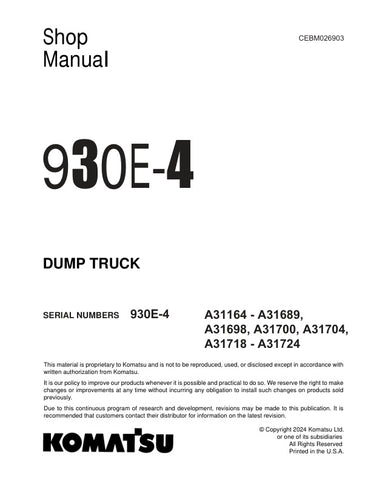 Unlock the full potential of your KOMATSU 930E-4 Dump Truck with the comprehensive Shop Manual CEBM026903, available in a convenient PDF format. This essential resource provides detailed insights into maintenance, troubleshooting, and repair procedures, ensuring your equipment operates at peak performance. With easy navigation and clear illustrations, this manual is designed for both seasoned professionals and newcomers alike, making it an invaluable tool for maximizing efficiency and minimizing downtime. I