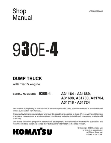 Unlock the full potential of your KOMATSU 930E-4 Tier 4 Engine Dump Truck with the comprehensive CEBM027003 Shop Manual in PDF format. This essential resource provides detailed insights into maintenance, troubleshooting, and repair procedures, ensuring your equipment operates at peak performance. With easy navigation and clear illustrations, this manual is designed for both seasoned professionals and newcomers alike, making it an invaluable addition to your toolkit. Invest in your machinery's longevity and 