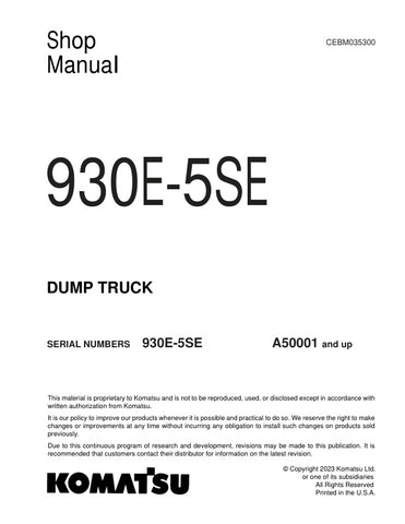Unlock the full potential of your KOMATSU 930E-5SE Dump Truck with the comprehensive SHOP MANUAL CEBM035300, available in a convenient PDF format. This essential guide provides detailed insights into maintenance, troubleshooting, and repair procedures, ensuring your equipment operates at peak performance. With easy navigation and clear illustrations, this manual is designed for both seasoned professionals and newcomers alike, making it an invaluable resource for keeping your dump truck in top condition. Don